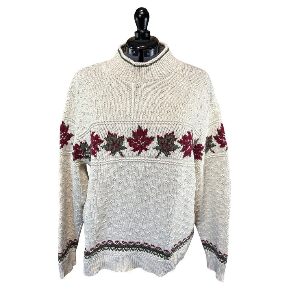 Vtg Winter White Parkhurst Holiday Festive Sweater SZ XL Cotton Red Green Leaves